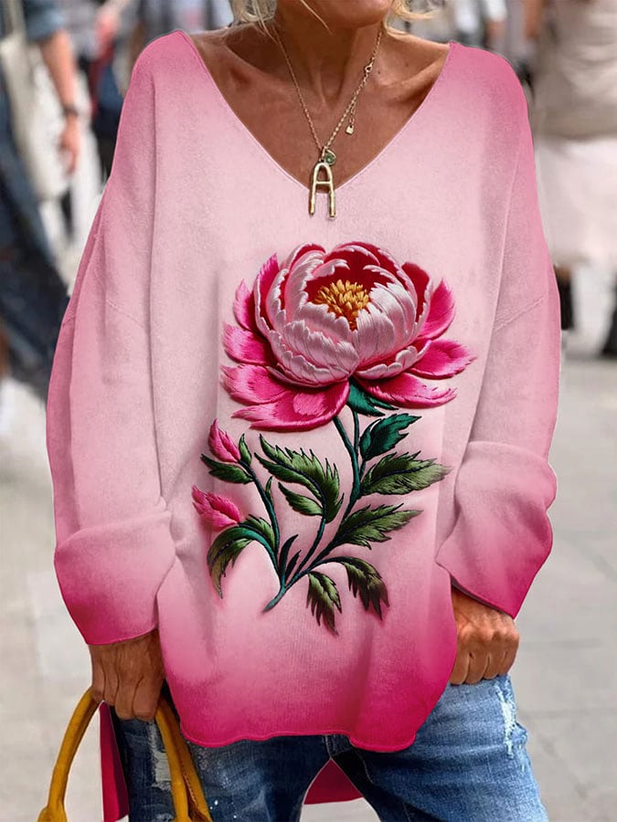 Women's Breast Cancer Awareness Month Floral Print V Neck T-shirt