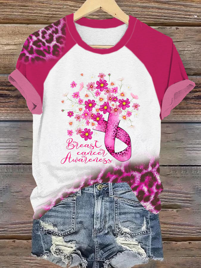 Womens Pink Ribbon Daisy Faith Breast Cancer Awareness Print Crew Neck Raglan Short Sleeve T-Shirt