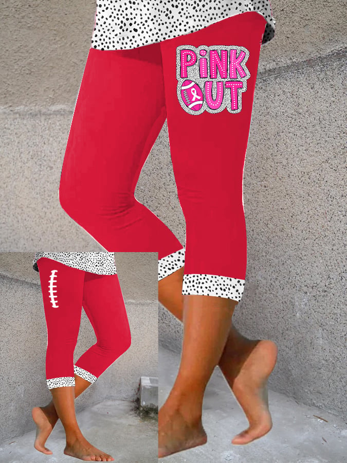 Women's Pink Out Football Breast Cancer Printed Cropped Yoga Leggings