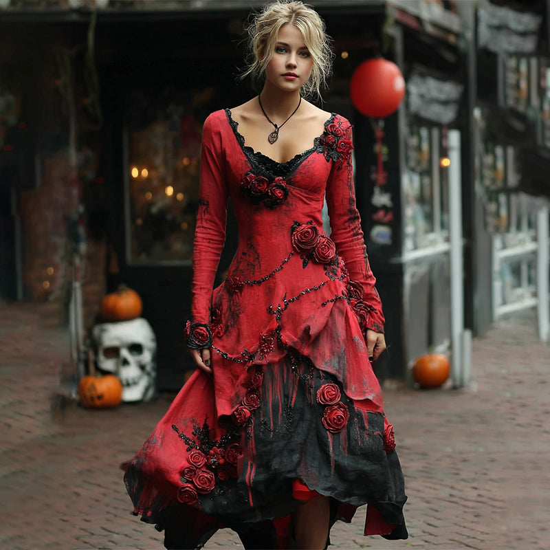 Retro Red Rose Embroidery Beaded Gradient Midi Dress