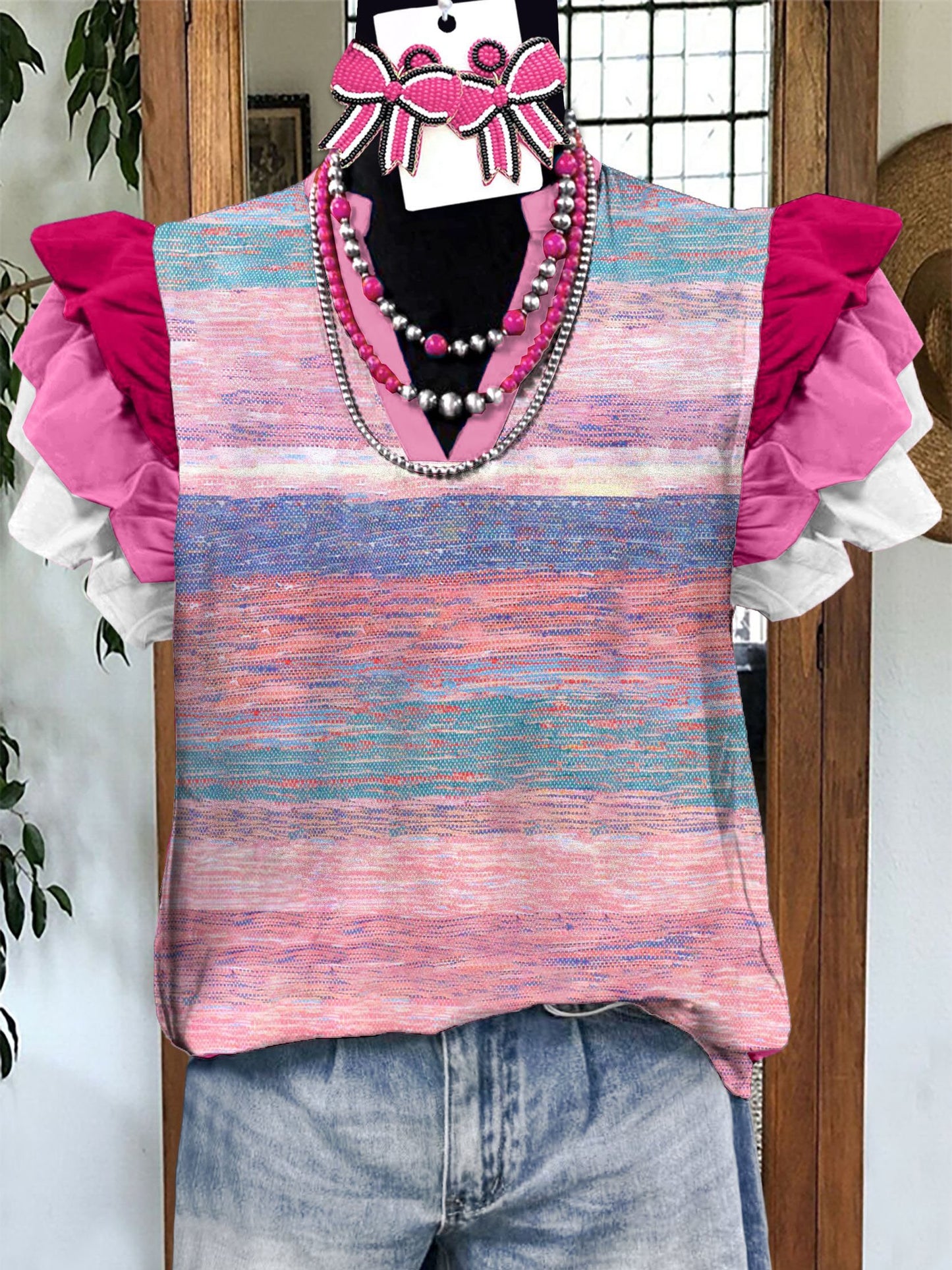 Women'S Pink Butterfly Sleeve Printed Top