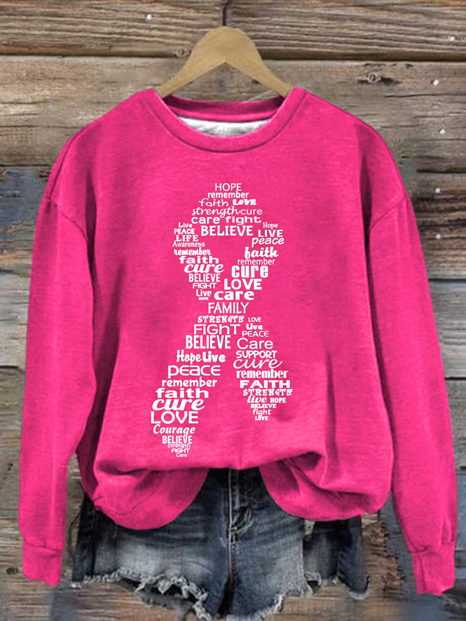 Women's Breast Cancer Awareness Pink Ribbon Print Round Neck Sweatshirt