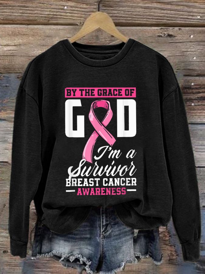 Women's By The Grace God I'm A Survivor Breast Cancer Survivor Crew Neck Sweatshirt