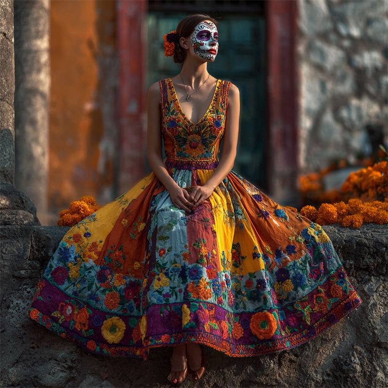 Day Of The Dead Marigolds Floral Embroidered Colorblock Linen Maxi Dress