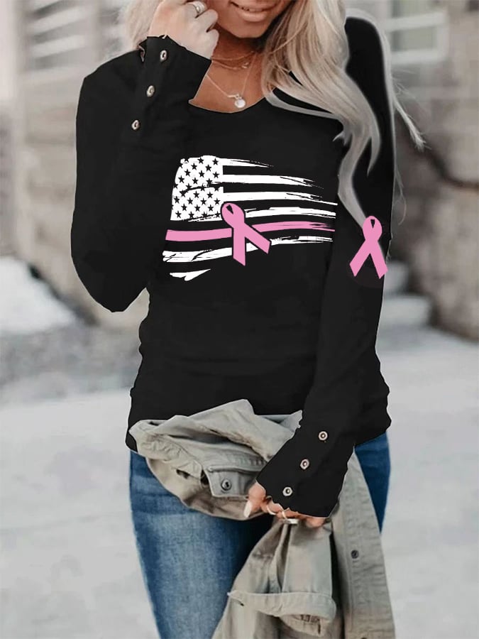 Women's Pink Ribbon Breast Cancer Awareness Warrior American Flag Print Top