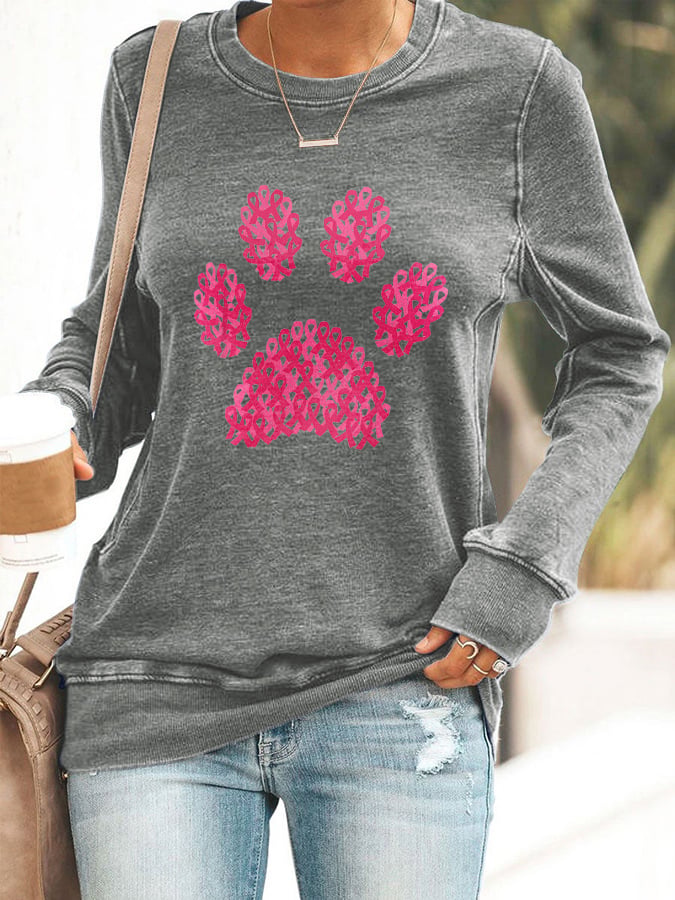 Women's Paws Breast Cancer Awareness Print Casual Sweatshirt
