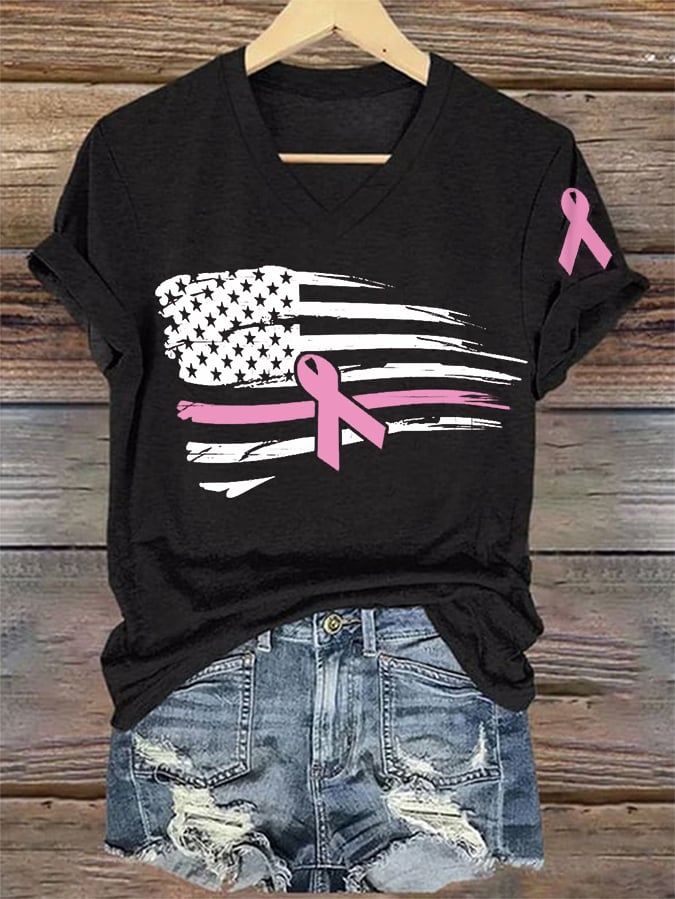 Women's Pink Ribbon American Flag Breast Cancer Awareness Warrior V-Neck Tee