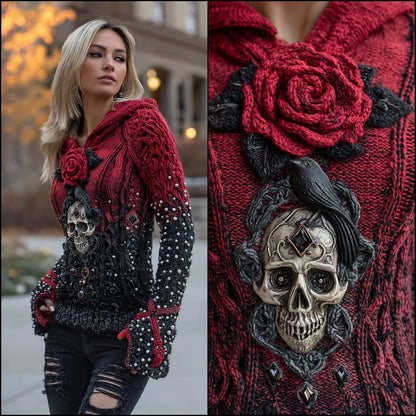 Women's Viking Tribal Raven With Rose And Skull Inspired Knit Hooded Sweater