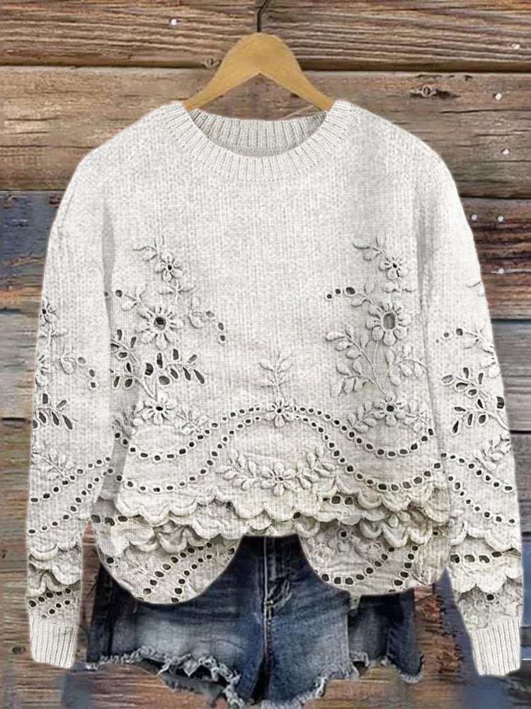 Women'S Retro 3d Floral Cozy Knitted Sweater