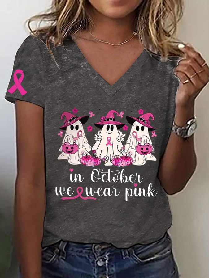 Women's Breast Cancer Awareness In October We Wear Pink Pumpkins and Ghost Pink Ribbon Print T-Shirt