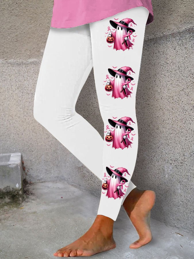 Women's In October We Wear Pink Halloween Ghost Breast Cancer Awareness Warrior Leggings
