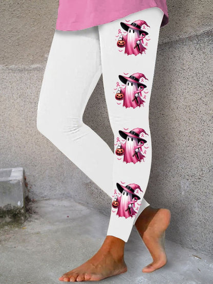 Women's In October We Wear Pink Halloween Ghost Breast Cancer Awareness Warrior Leggings