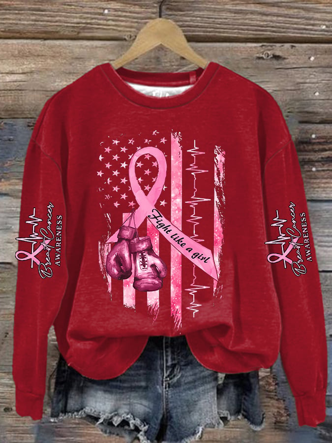 Women's Casual Breast Cancer Awareness Print Long Sleeve Sweatshirt