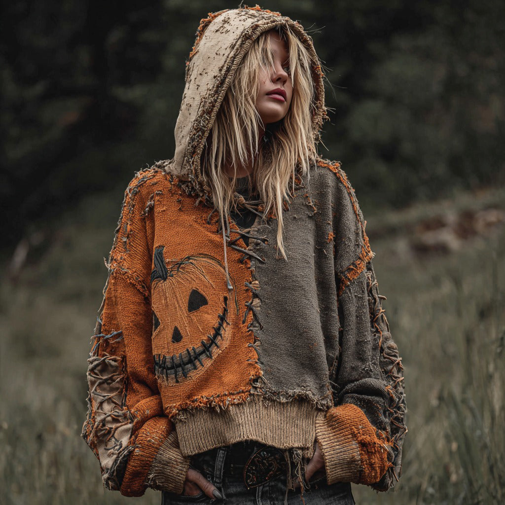 Halloween Pumpkin Face Patchwork Design Cozy Knit Hooded Sweater