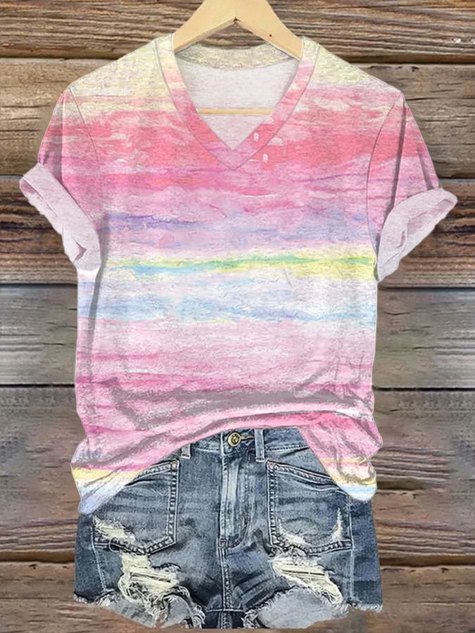 Women's Breast Cancer Gradient Print Casual V-Neck T-Shirt