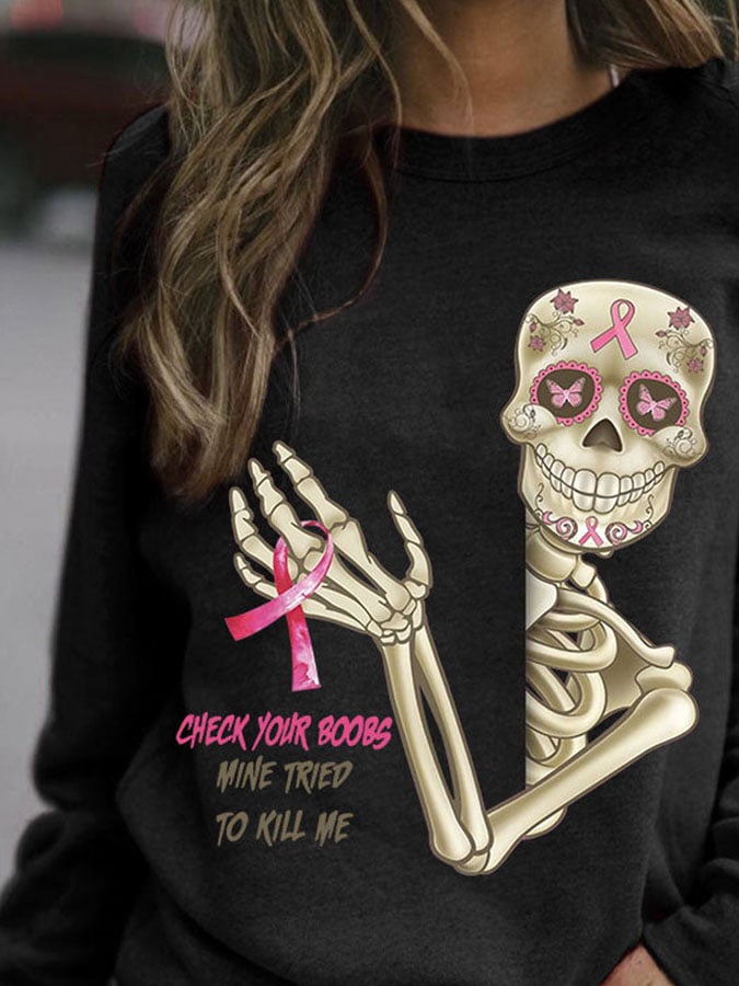 Skeleton Pink Ribbon Print Sweatshirt