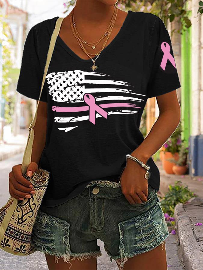 Women's Pink Ribbon American Flag Breast Cancer Awareness Warrior V-Neck Tee