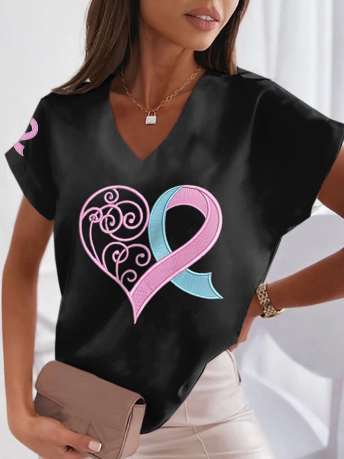 Women's Breast Cancer Print Heart Pink Ribbon Short Sleeve T-Shirt