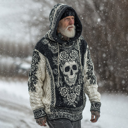 Men's Viking Tribal Jacquard Celtic With Rose And Skull Inspired Chunky Knit Hooded Sweater