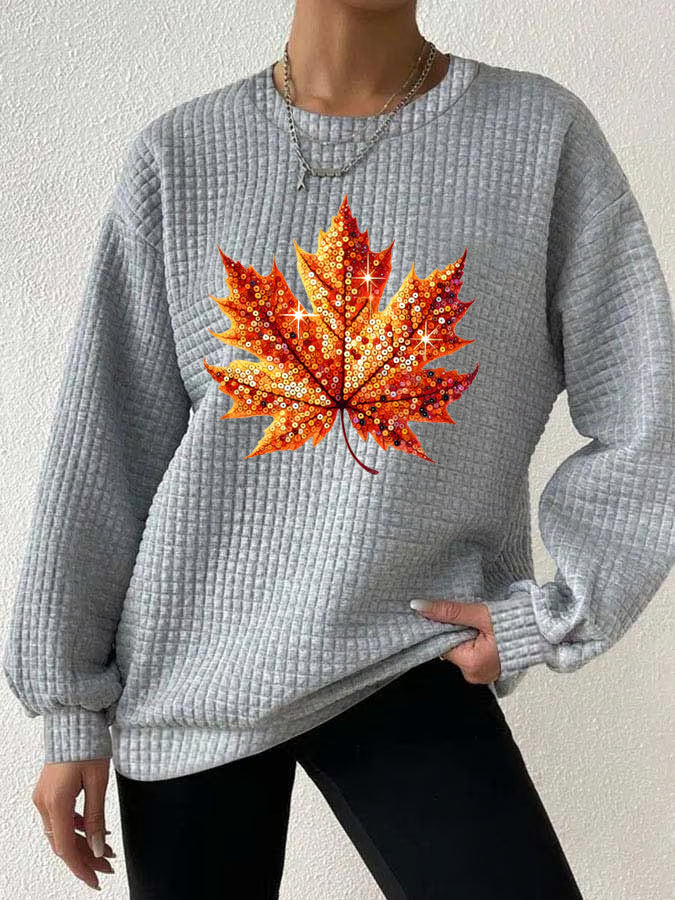 Women's Autumn Sequin Maple Leaf Print Gingham Crew Neck Sweatshirt