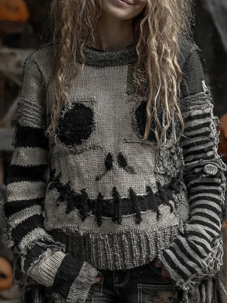 Halloween Pumpkin Face Patchwork Art Cozy Knit Sweater