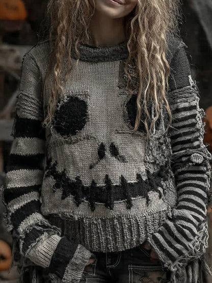 Halloween Pumpkin Face Patchwork Art Cozy Knit Sweater