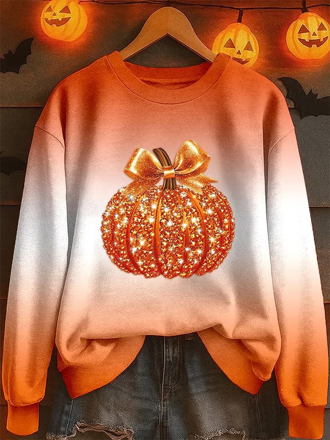 Women's Sequin Pumpkin Print Crew Neck Sweatshirt