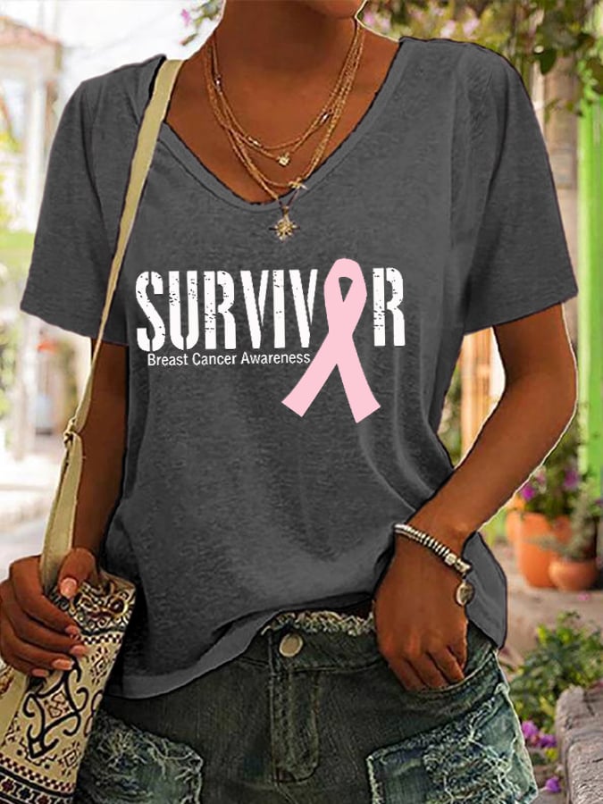 Women's Breast Cancer SURVIVOR Ribbon Print T-Shirt