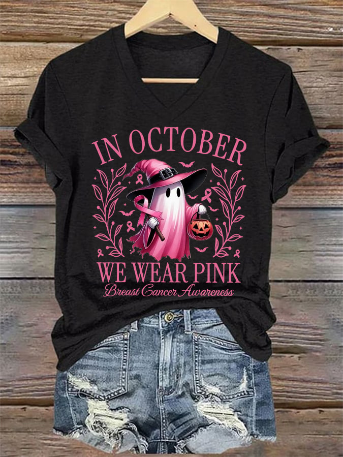 Women's In October We Wear Pink Halloween Ghost Breast Cancer Awareness Warrior V-Neck Tee