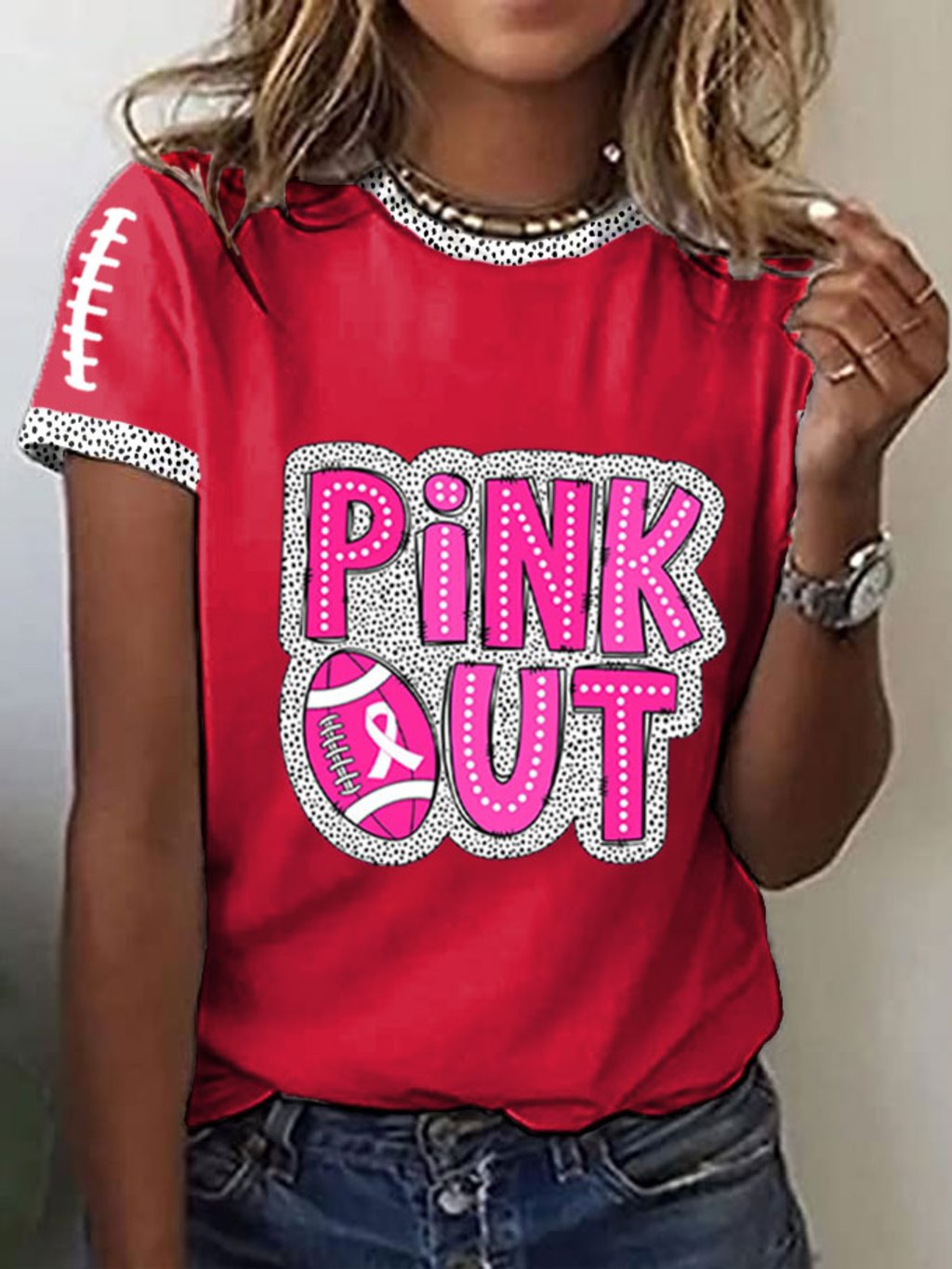 Women's Pink Out Football Breast Cancer Print T-Shirt