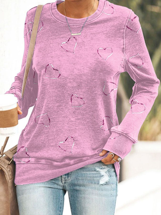Women's Breast Cancer Awareness Heart Print Long Sleeve Casual T-Shirt