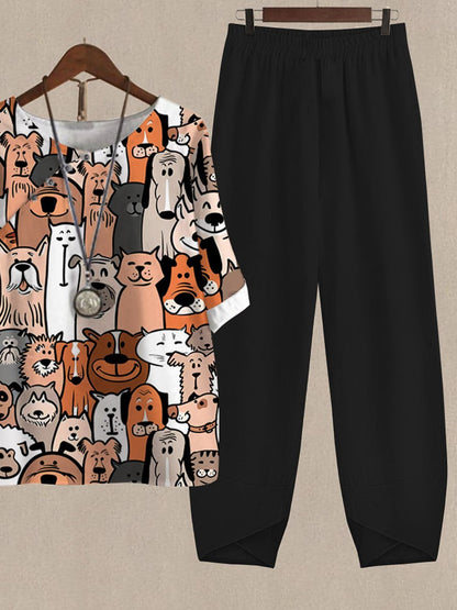 Cartoon Multicolor Cute Puppy Print Casual Two Piece Suits