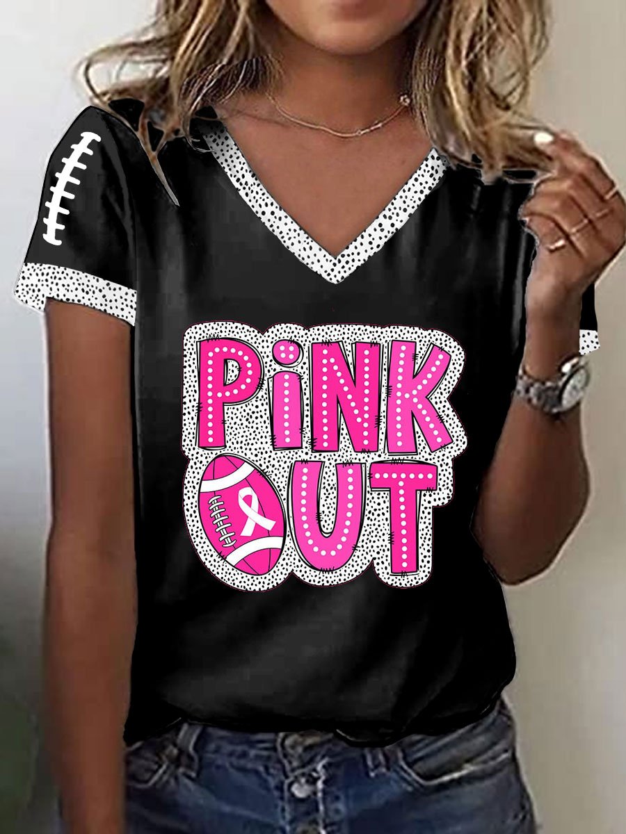 Women's Pink Out Football Breast Cancer Print T-Shirt