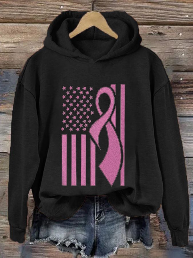 Women's USA Flag Pink Ribbon Breast Cancer Awareness Print Hoodie
