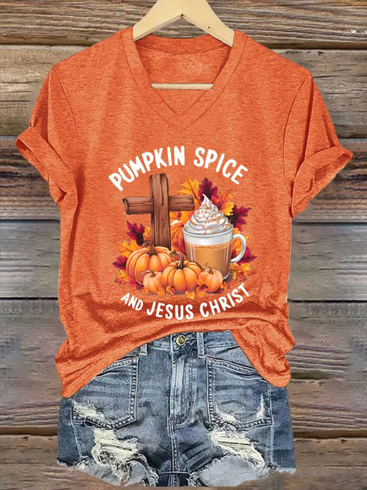Women's Pumpkin Spice & Jesus Christ Print T-Shirt