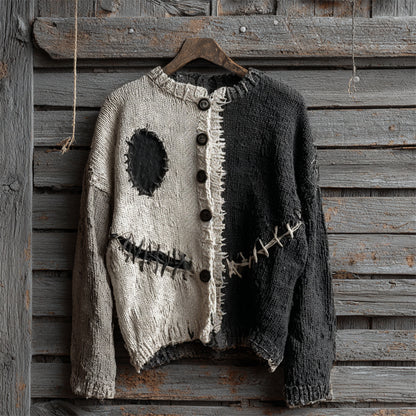 Halloween Spooky Face Contrast Stitched Cozy Knit Cardigan
