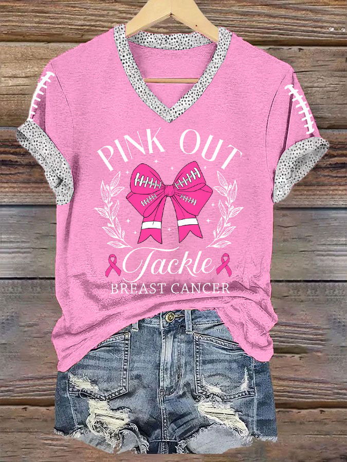 Women's Pink Out Tackle Breast Cancer Bow Football Print V-Neck Tee