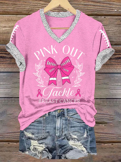 Women's Pink Out Tackle Breast Cancer Bow Football Print V-Neck Tee