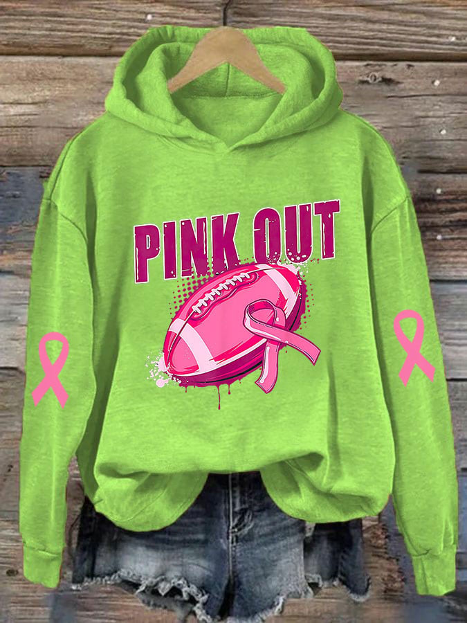 Women's Pink Out Breast Cancer Football Print Casual Hoodie