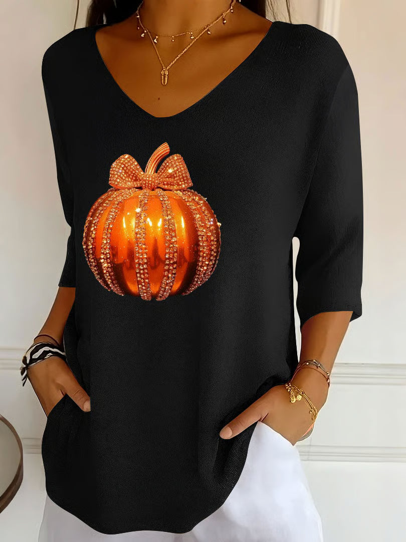 Women's Autumn Sequin Pumpkin Print V-Neck T-Shirt