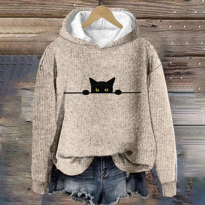 Women's Casual Funny Black Cat Print Hood Sweater