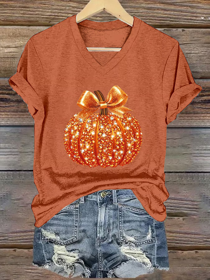 Women's Autumn Sequin Pumpkin Print V-Neck T-Shirt