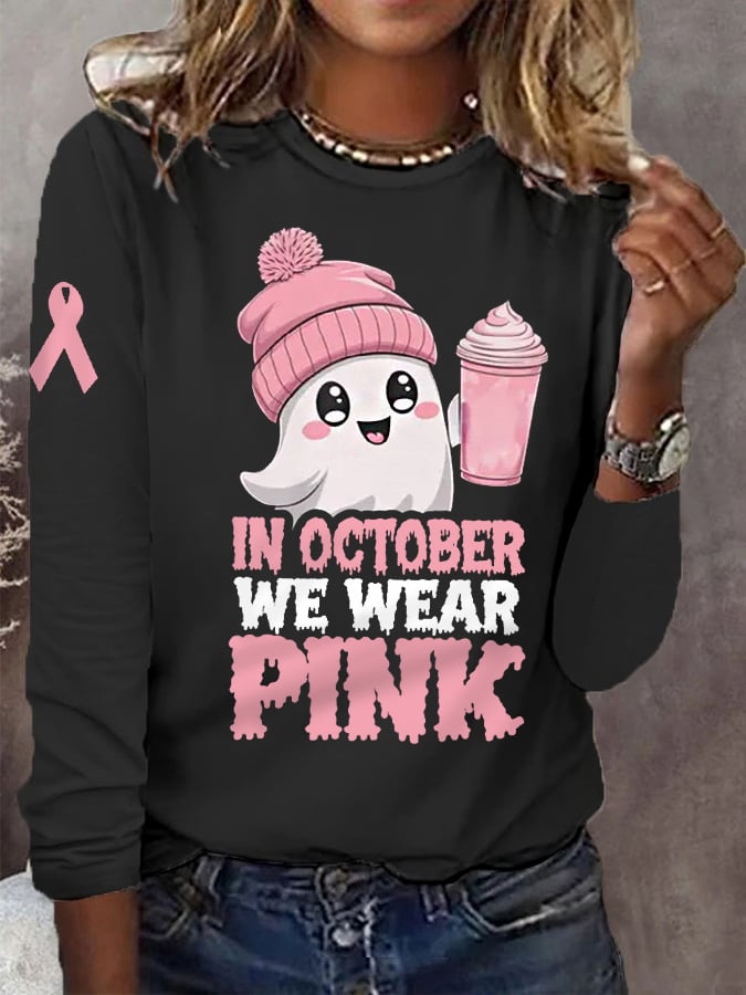 Women's In October We Wear Pink Halloween Ghost Breast Cancer Awareness Warrior Long-Sleeve T-Shirt