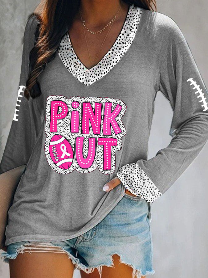 Women's Pink Out Football Breast Cancer Printed V-Neck Long Sleeve Top
