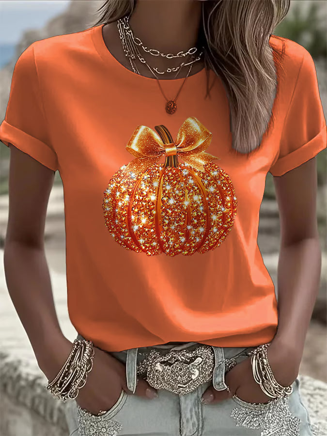 Women's Autumn Sequin Pumpkin Print Crew Neck T-Shirt