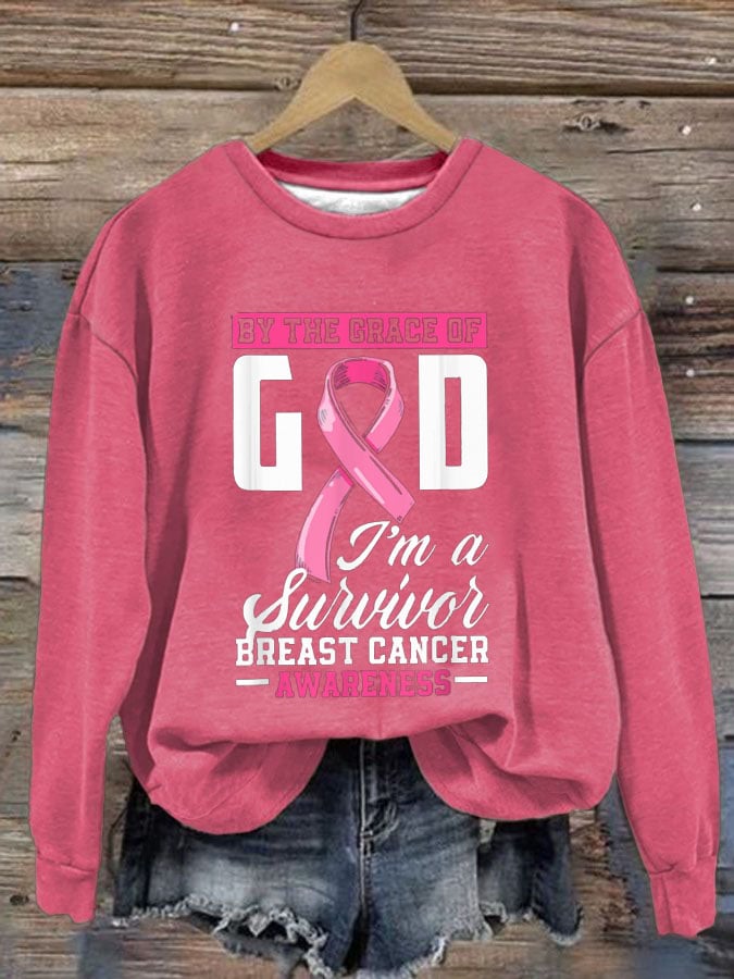 Women's By The Grace God I'm A Survivor Breast Cancer Survivor Crew Neck Sweatshirt