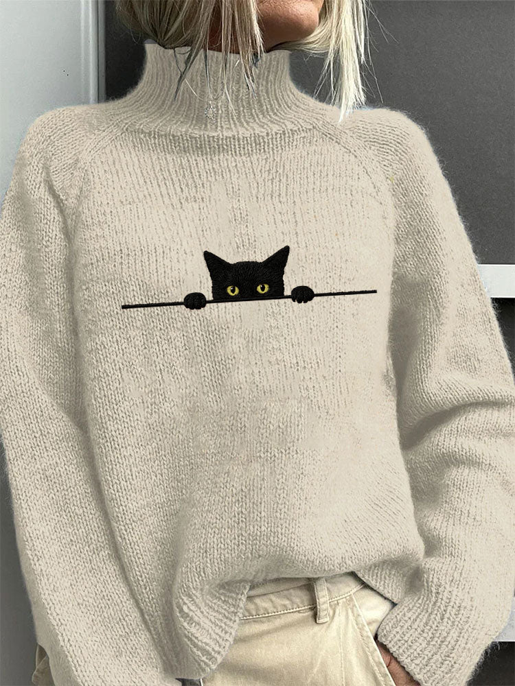Women's Casual Funny Black Cat Print High Neck Sweater