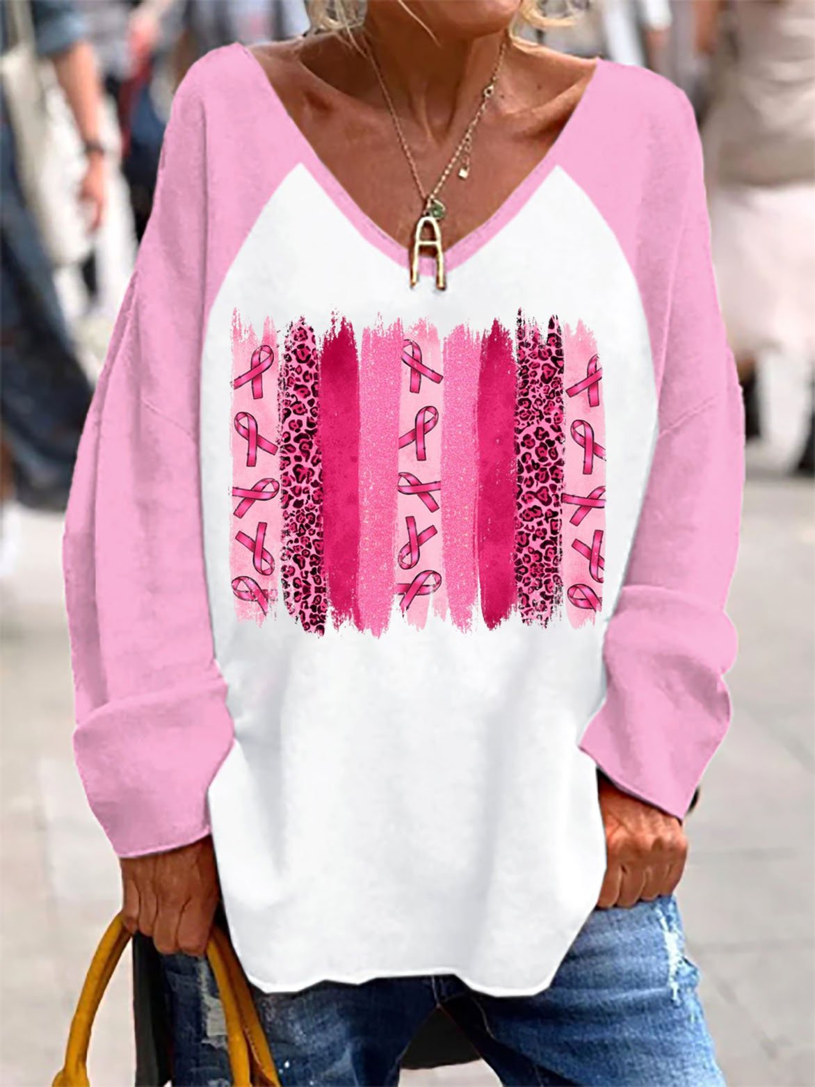 Women's Breast Cancer Awareness Print Casual Long Sleeve T-Shirt