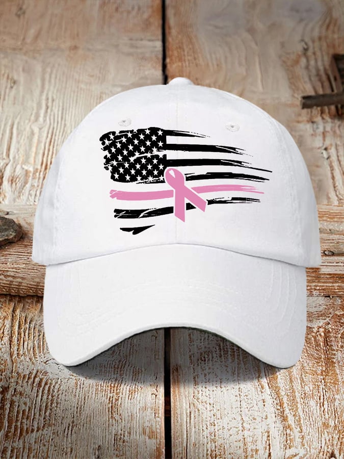 Women's Pink Ribbon American Flag Breast Cancer Awareness Warrior Hat