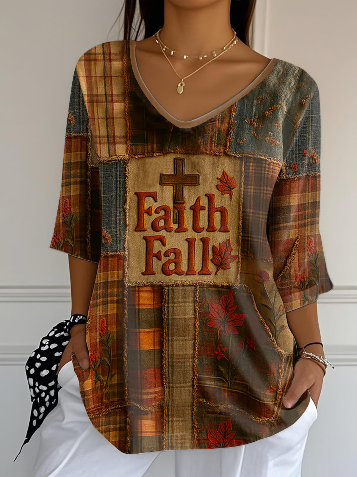 Women's Autumn Retro Stitching Faith Top
